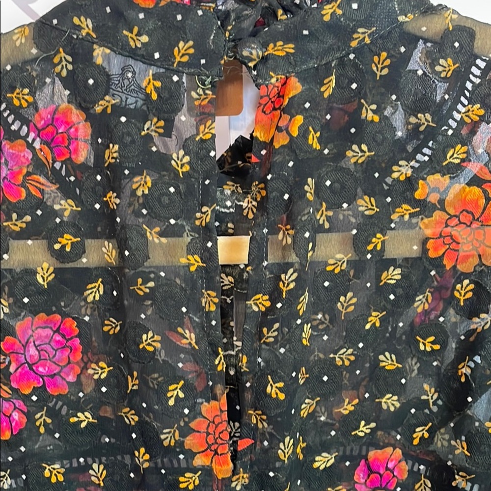 ANGIE- Black Dress with Vibrant Floral Design High Ruffled Neck size M - Picture 6 of 8
